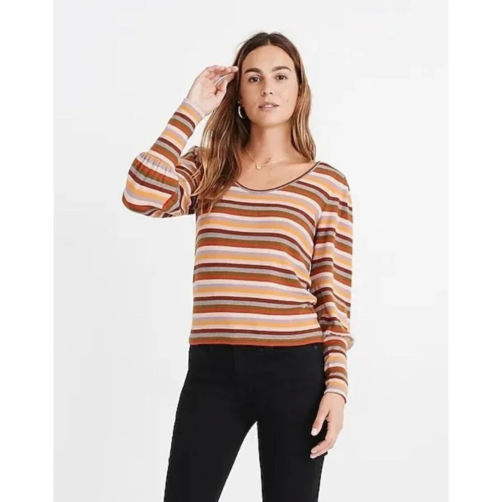 Madewell Women's Striped Puff-Sleeve Scoopneck Long Sleeve Top Size XXL‎